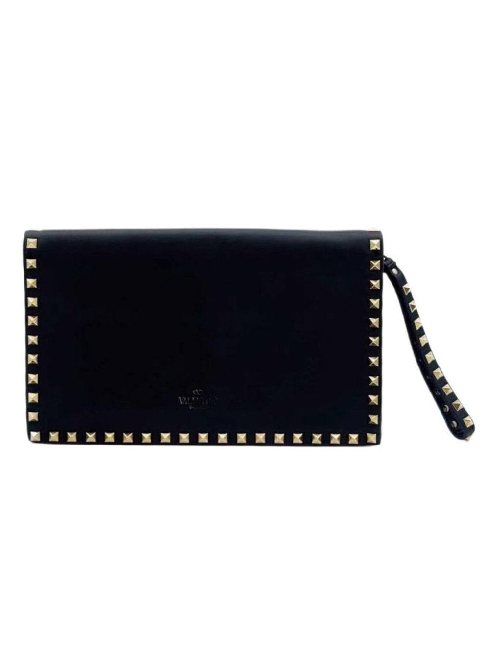 Valentino Garavani Rockstud Black Leather Clutch Bag Wristlet with Dust Bag
